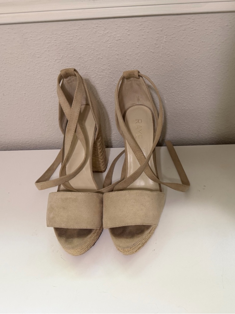 RAYE Neutral Tan Suede Espadrille Wedge Sandals with Wrap Straps